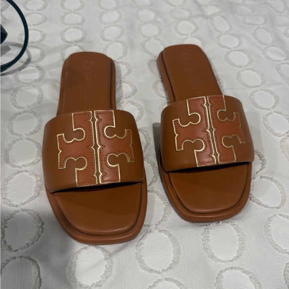 Tory Burch Shoes - Tory Burch Brown Slide Sandals with Gold Logo Accent